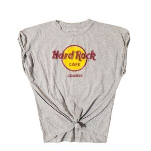 Hard Rock Cafe Women's Gray Knotted Front Gdansk Cap Sleeve T-shirt‎ Small